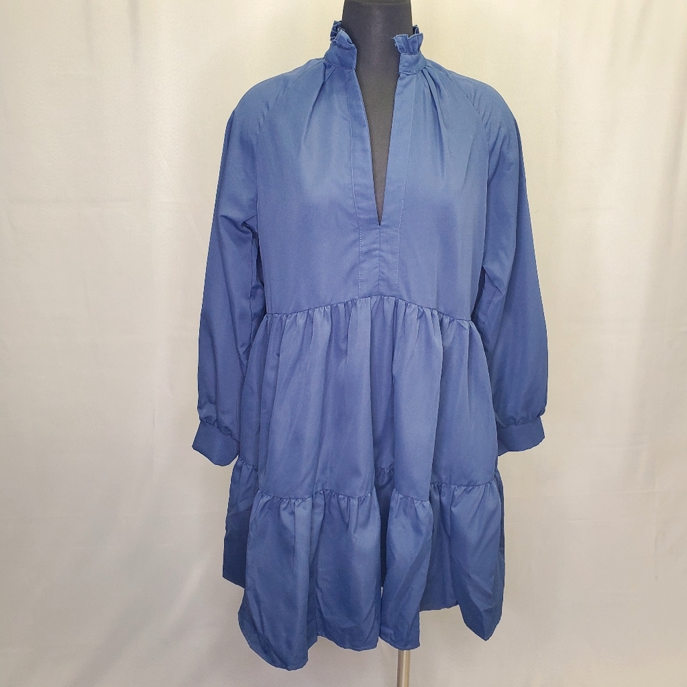 Navy Blue Dress Dress Vneck Long Sleeves Cotton Ruffle Skirt  Size M